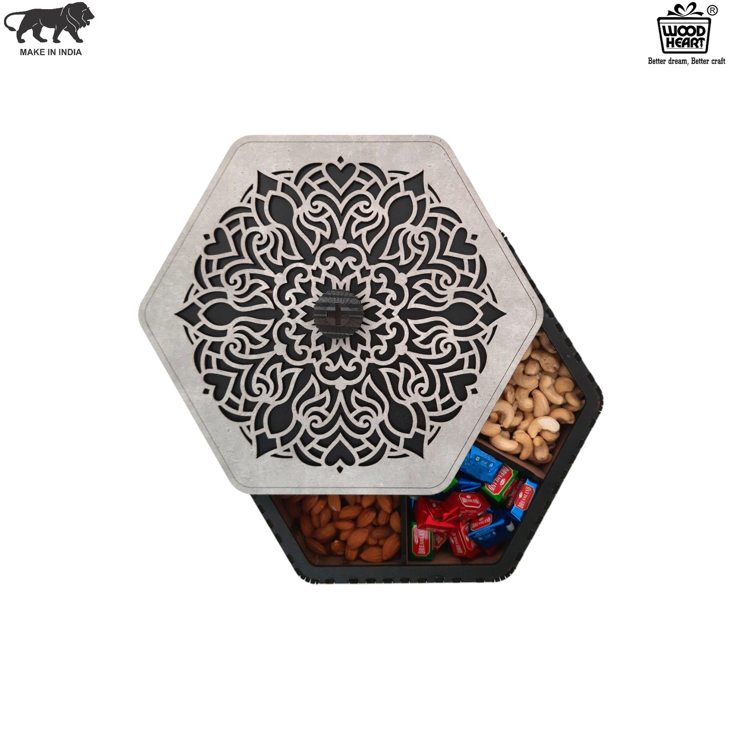 Hexagon Wooden Dry Fruit Box with Designer Laser-Cut Lid