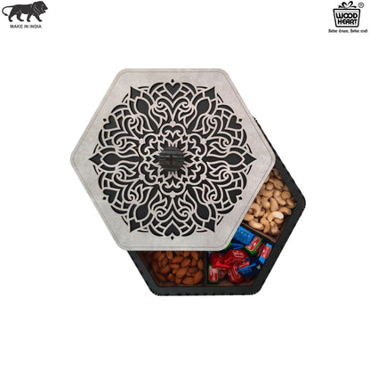 Hexagon Wooden Dry Fruit Box with Designer Laser-Cut Lid