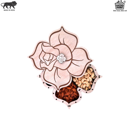 Rose-Themed Wooden Dry Fruit Box with Artistic Petal Lid