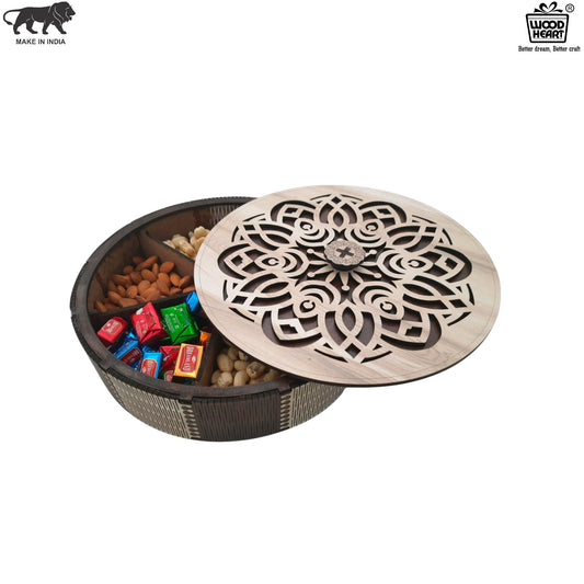 Elegant Round Wooden Dry Fruit Box with Floral Laser-Cut Lid