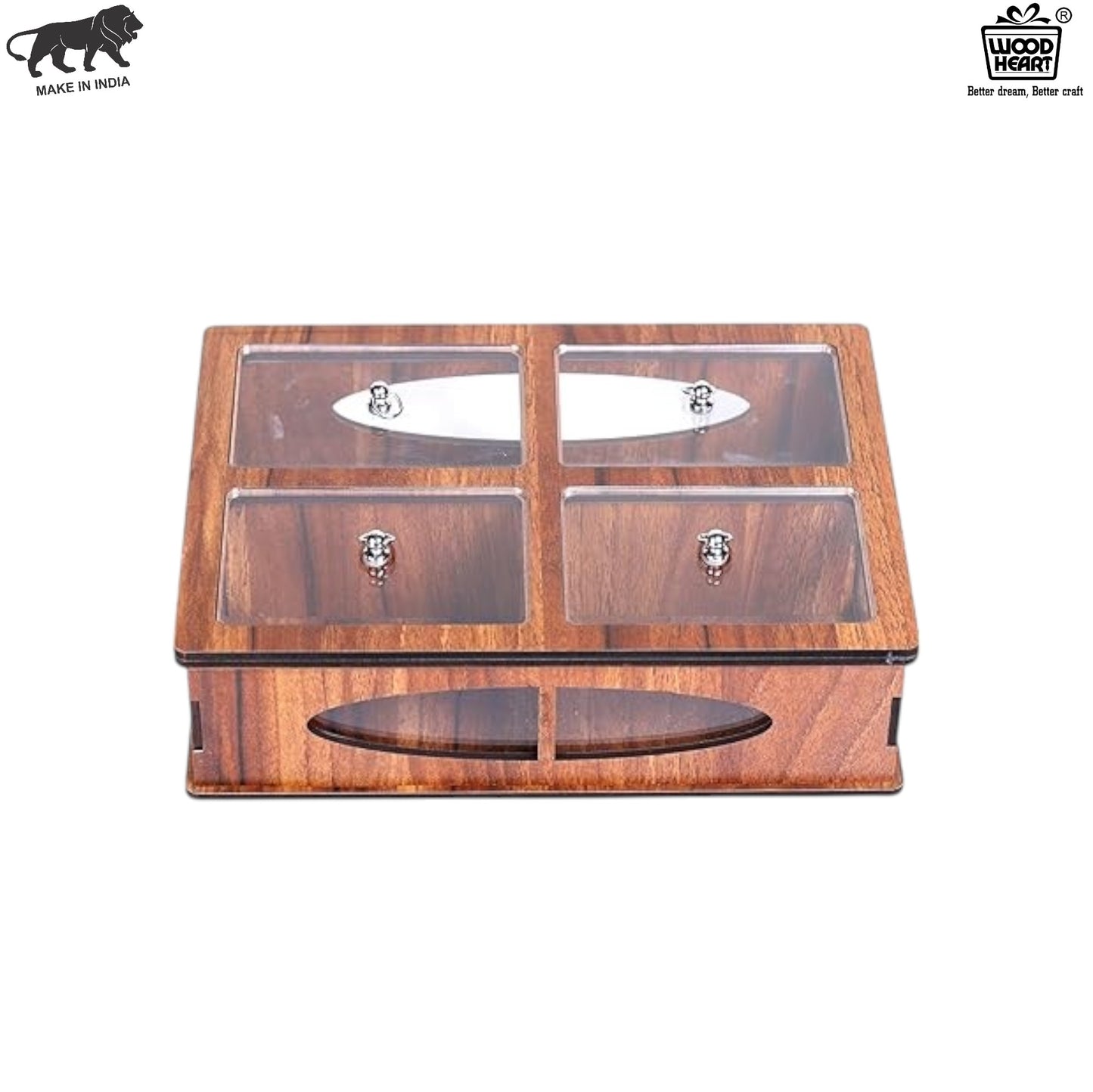 Wooden Dry Fruit Box with 4 Transparent Compartments