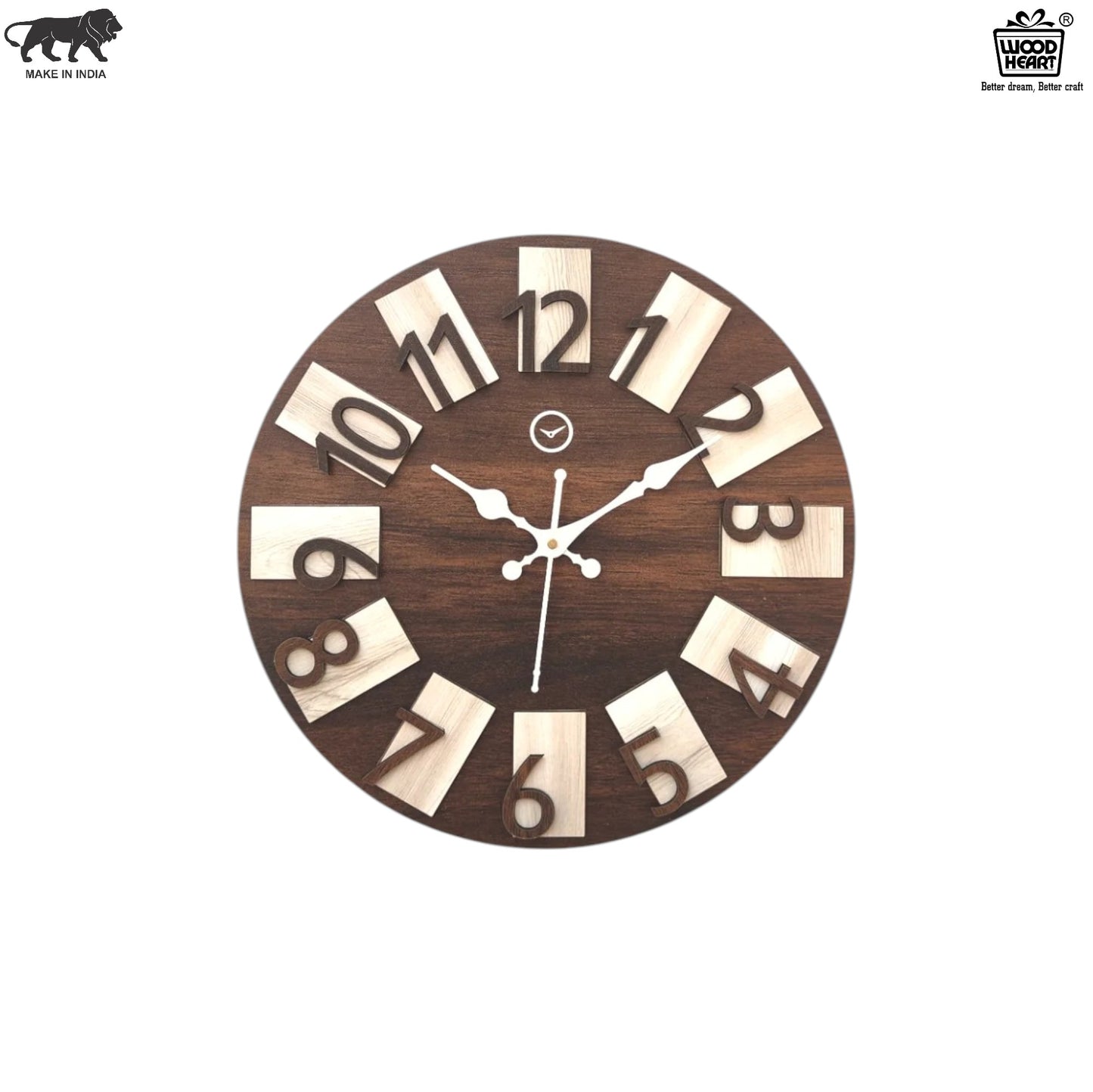 Wood Heart Premium Block Number Wall Clock – Dual Tone Wooden Finish
