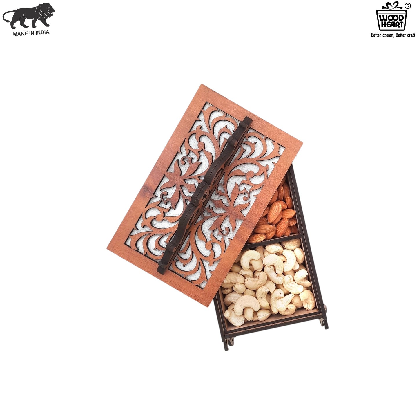 Elegant Wooden Dry Fruit Box with Decorative Laser-Cut Lid & Handle