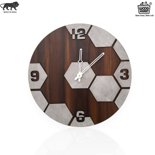 Hexagon Pattern Wooden Wall Clock – Modern Concrete Look by Wood Heart