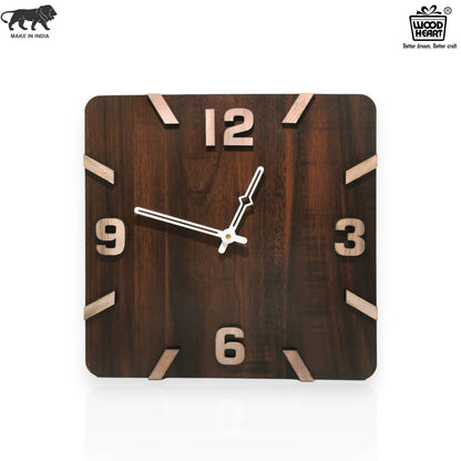 Square Wooden Wall Clock with Bold 3D Numbers – Dark Brown Finish by Wood Heart