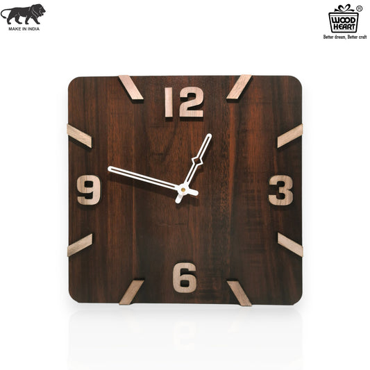 Square Wooden Wall Clock with Bold 3D Numbers – Dark Brown Finish by Wood Heart