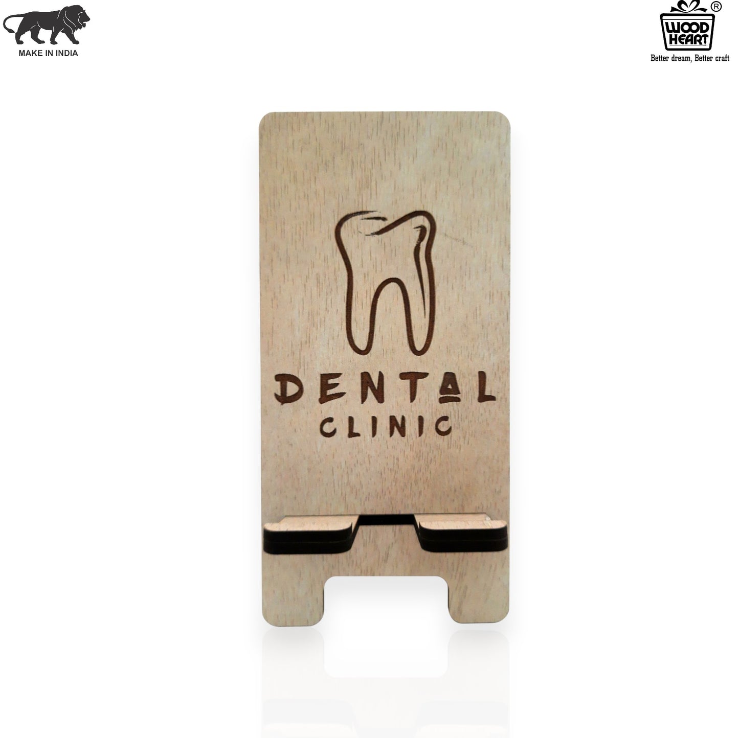 Wooden Mobile Stand with Dental Clinic Engraving – Tooth Design Holder