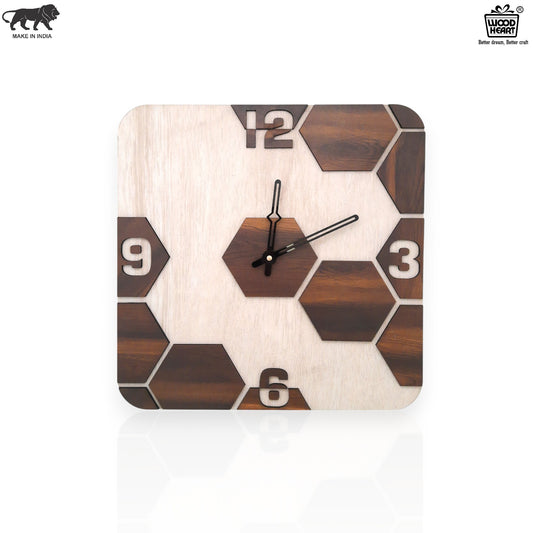 Square Dual-Tone Hexa Design Wooden Wall Clock – Light & Dark Wood Finish by Wood Heart