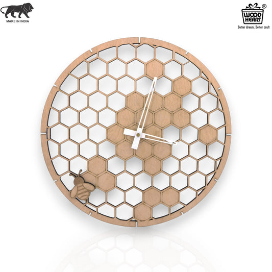 Wooden Honey comb Wall Clock with Bee Design – Nature Inspired Art by Wood Heart