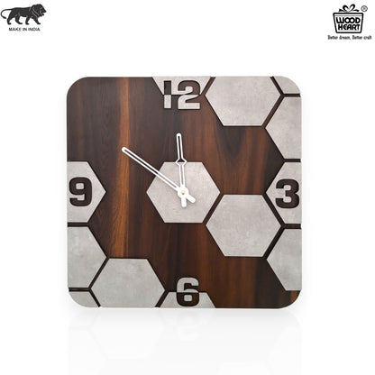 Square Hexa Pattern Wooden Wall Clock – Cement Texture Design by Wood Heart