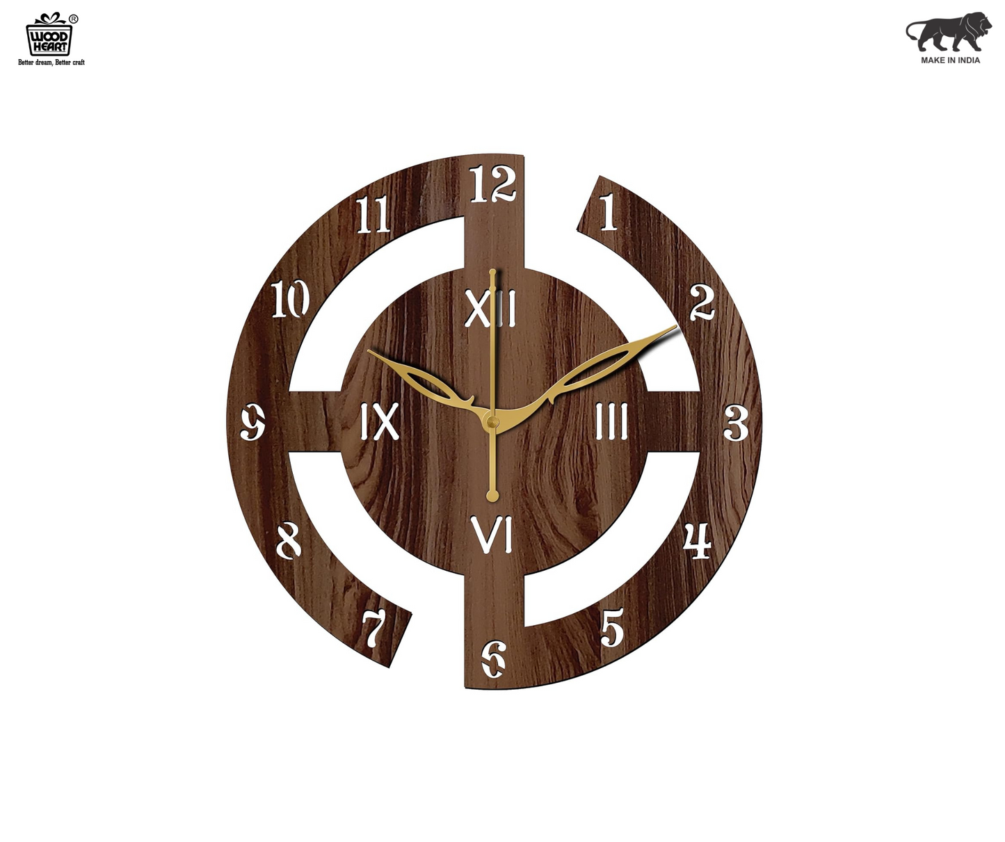 Wood Heart Modern Art-Inspired Wooden Wall Clock – Dual Dial Roman & Numeric Design