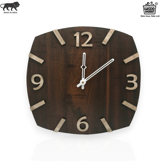 Curved Square Wooden Wall Clock with 3D Numerals