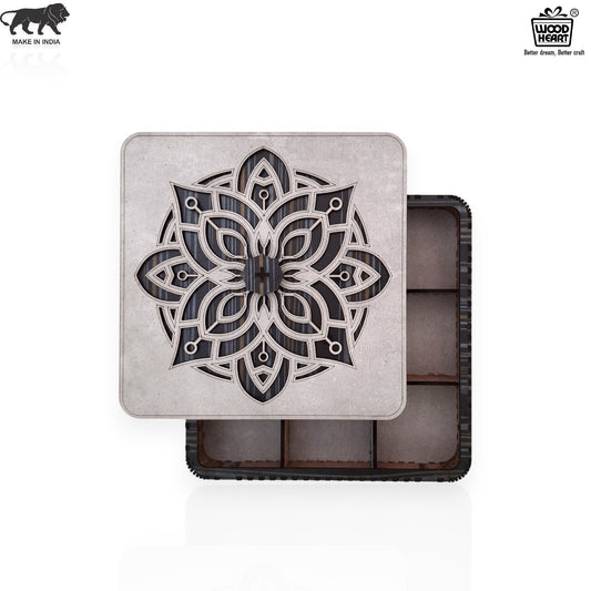Premium Wooden Dry Fruit Box with Mandala Carved Lid – 9 Partitions