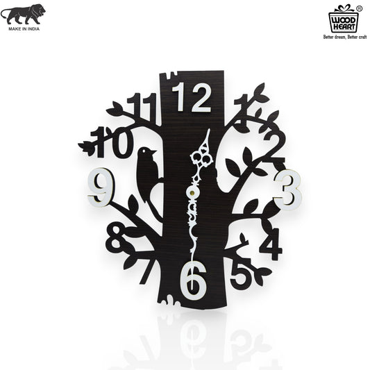 Wooden Tree Design Wall Clock with Bird Cutout