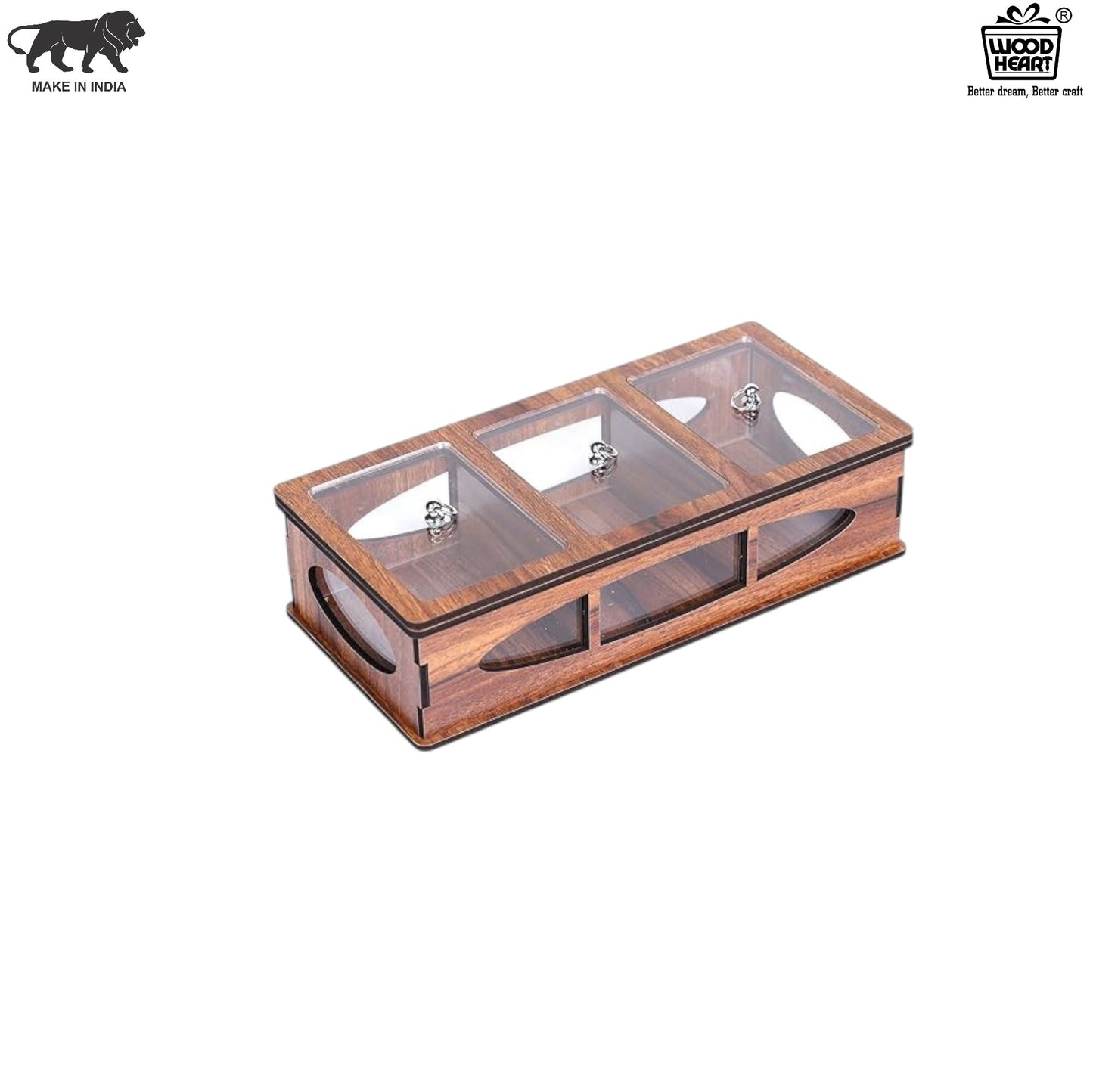Wooden Dry Fruit Box with 3 Acrylic Compartments – Elegant MDF Storage Organizer