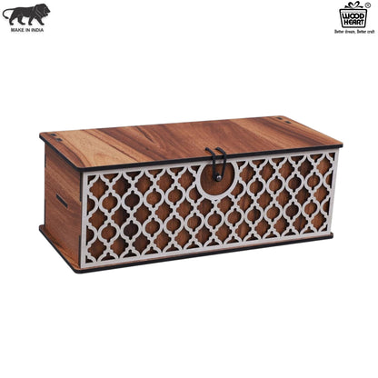 Wooden Decorative Storage Box – Long Rectangular Jar/Utility Organizer with Laser-Cut Front
