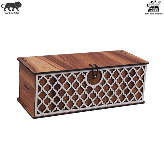 Wooden Decorative Storage Box – Long Rectangular Jar/Utility Organizer with Laser-Cut Front