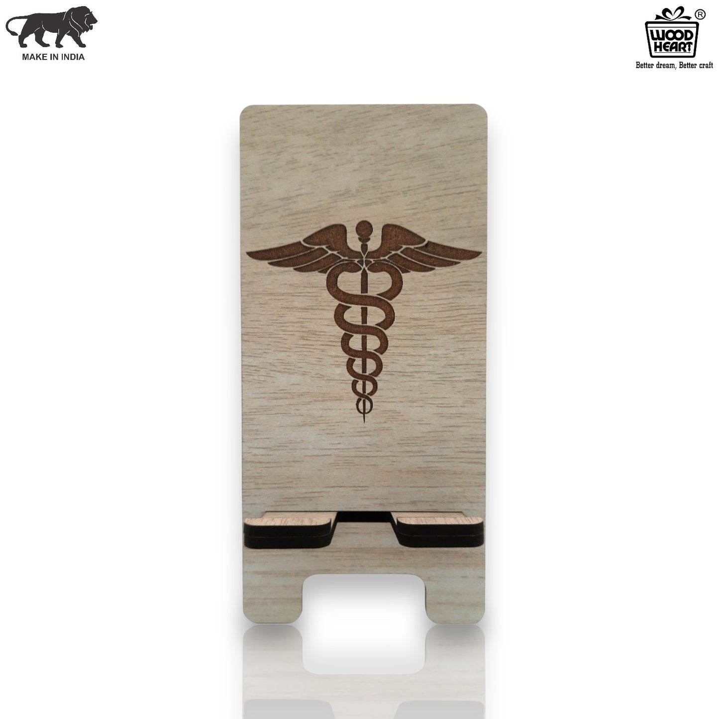 Wooden Mobile Stand with Medical Symbol Engraving | Doctor's Desk Phone Holder