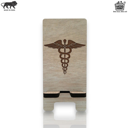 Wooden Mobile Stand with Medical Symbol Engraving | Doctor's Desk Phone Holder