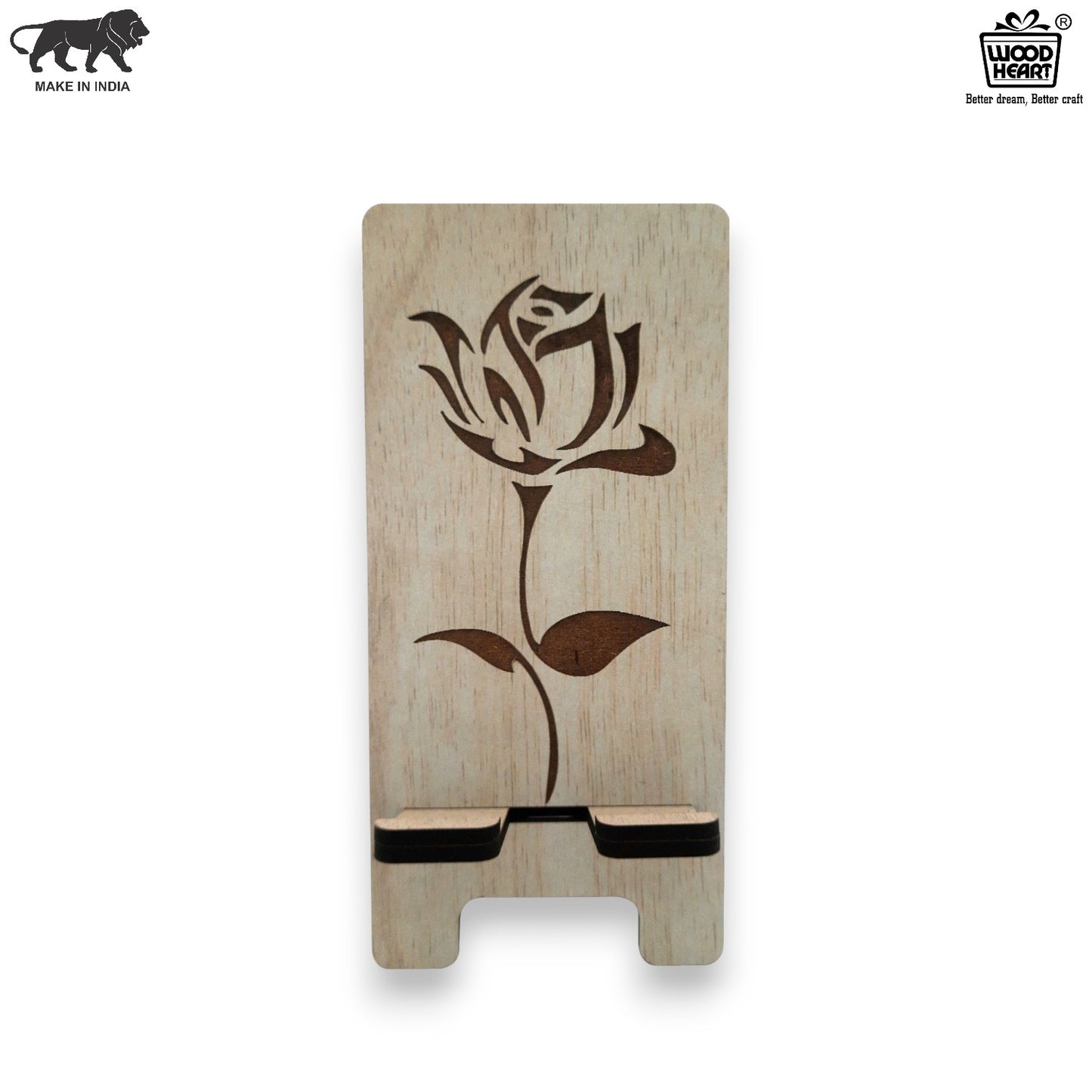 Elegant Rose Design Wooden Mobile Stand – Laser Engraved Floral Pattern