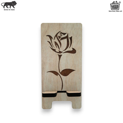 Elegant Rose Design Wooden Mobile Stand – Laser Engraved Floral Pattern