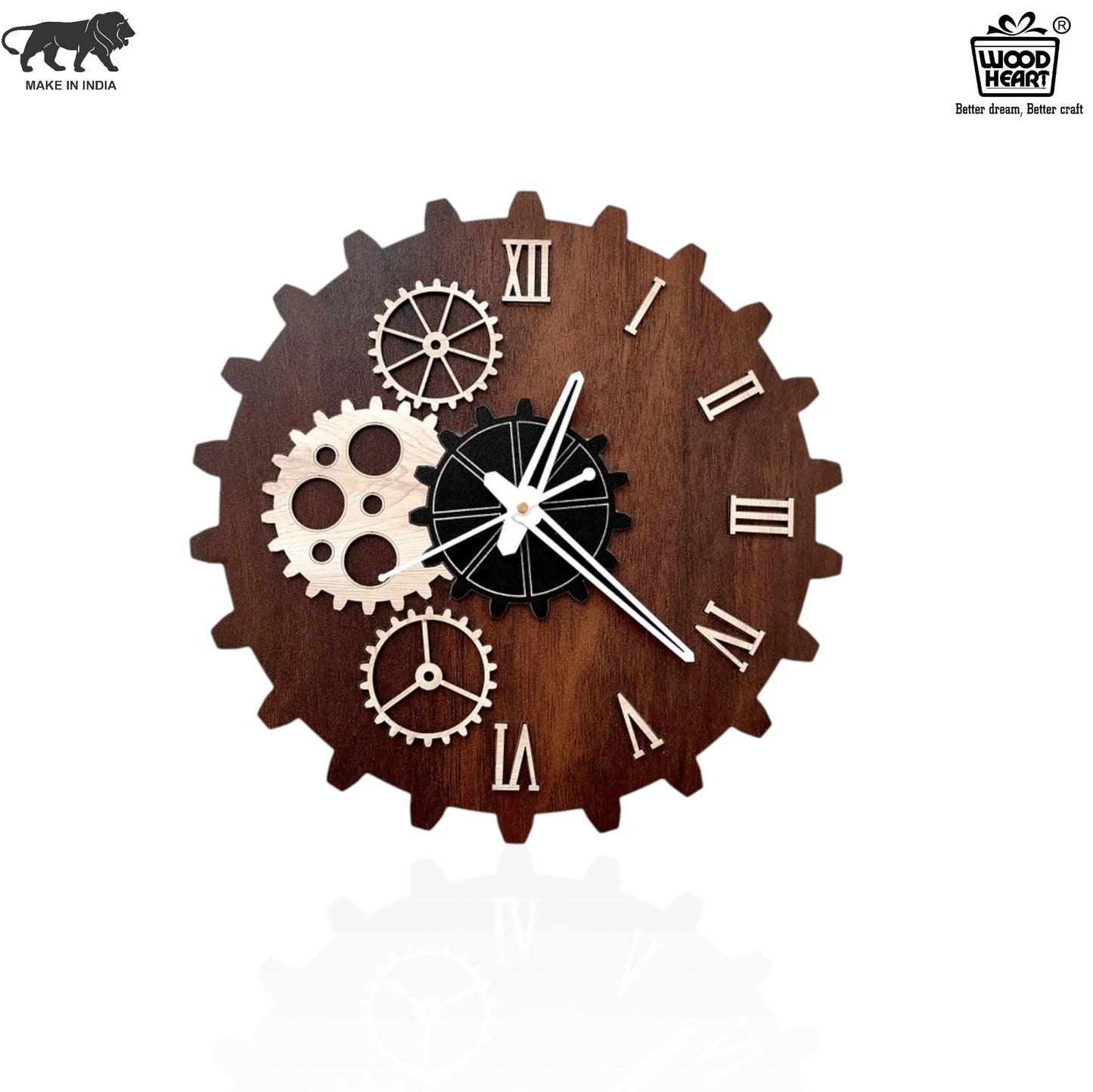 Wood Heart Gear-Themed Designer Wall Clock – Steampunk Style with Roman Numerals