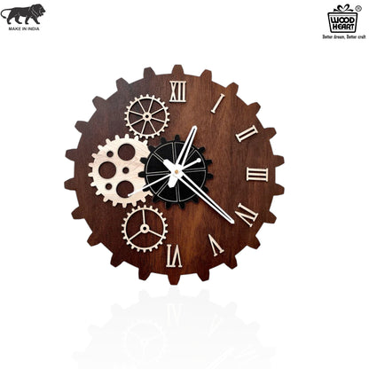 Wood Heart Gear-Themed Designer Wall Clock – Steampunk Style with Roman Numerals