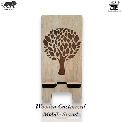 Eco-Themed Customized Wooden Mobile Stand – Tree Design Laser Engraved