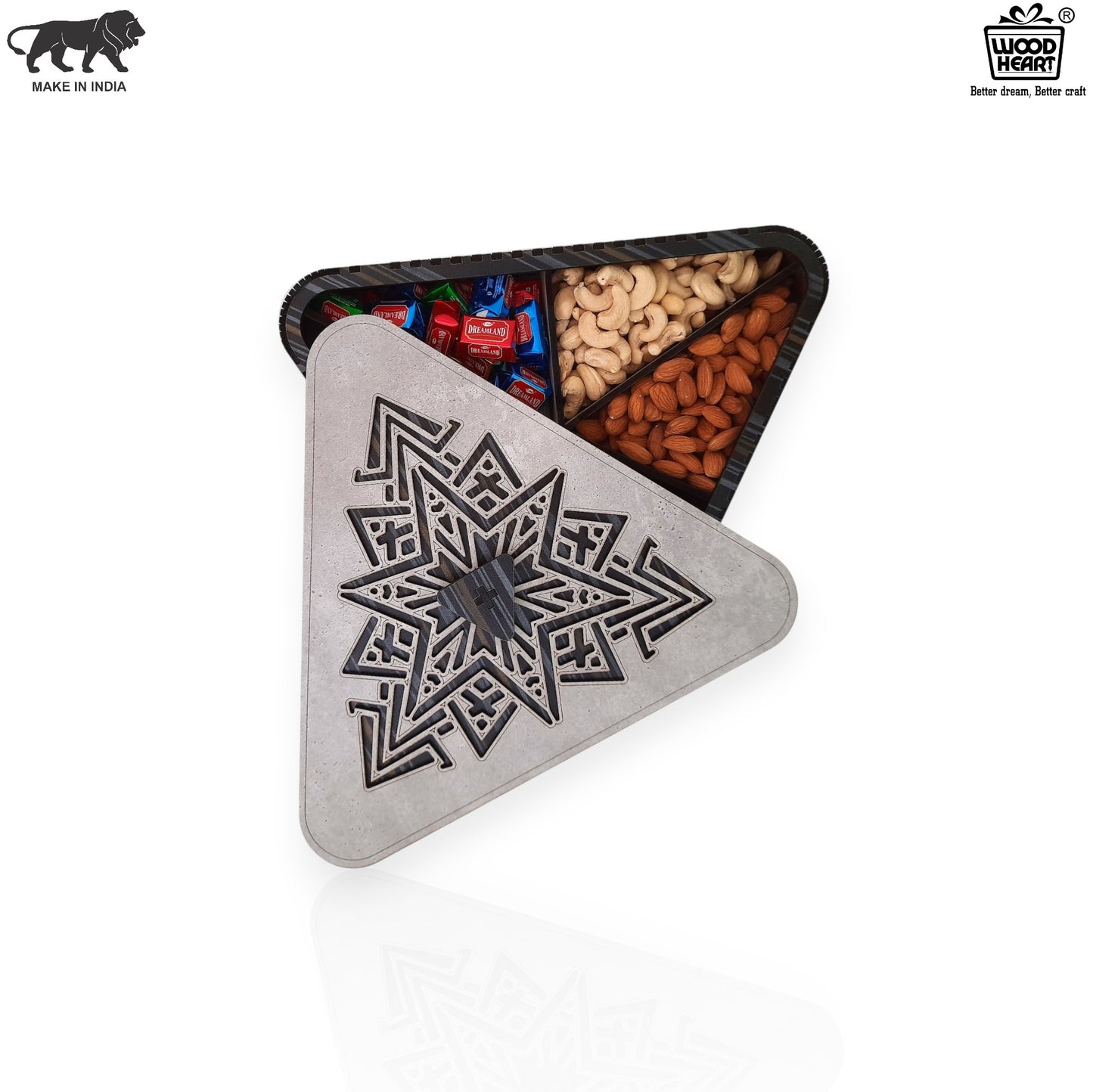 Premium Triangular Wooden Dry Fruit Box with Geometric Laser-Cut Lid