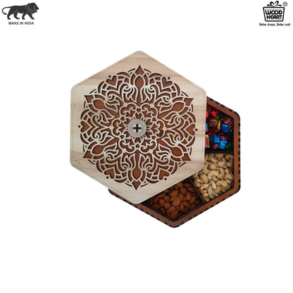 Hexagon Wooden Dry Fruit Gift Box with Elegant Mandala Laser-Cut Lid