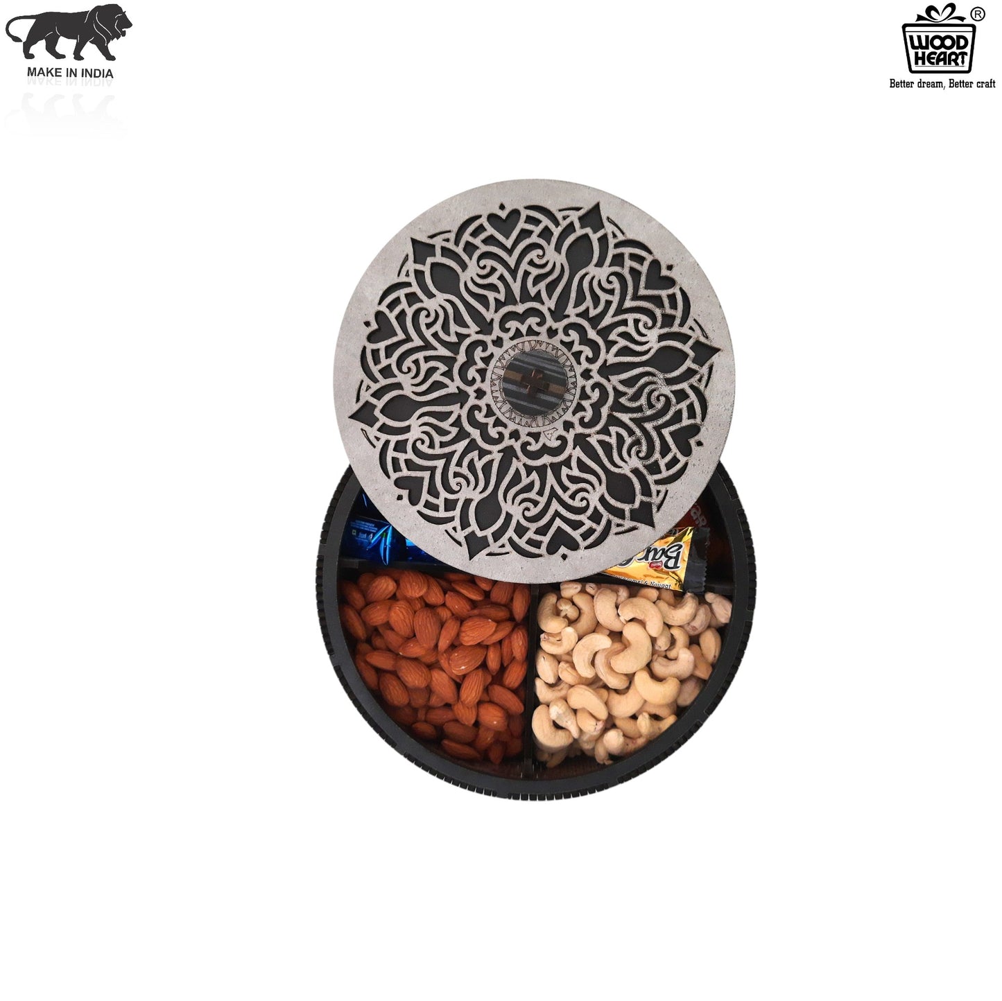 Round MDF Wooden Dry Fruit Box with Floral Laser-Cut Lid