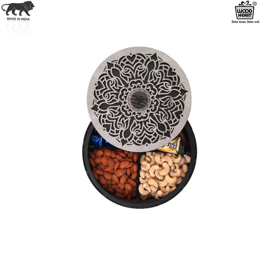 Round MDF Wooden Dry Fruit Box with Floral Laser-Cut Lid