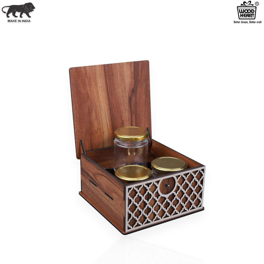 Wooden Spice Jar Box with Lid – 3 Jar Container with Decorative Front Panel