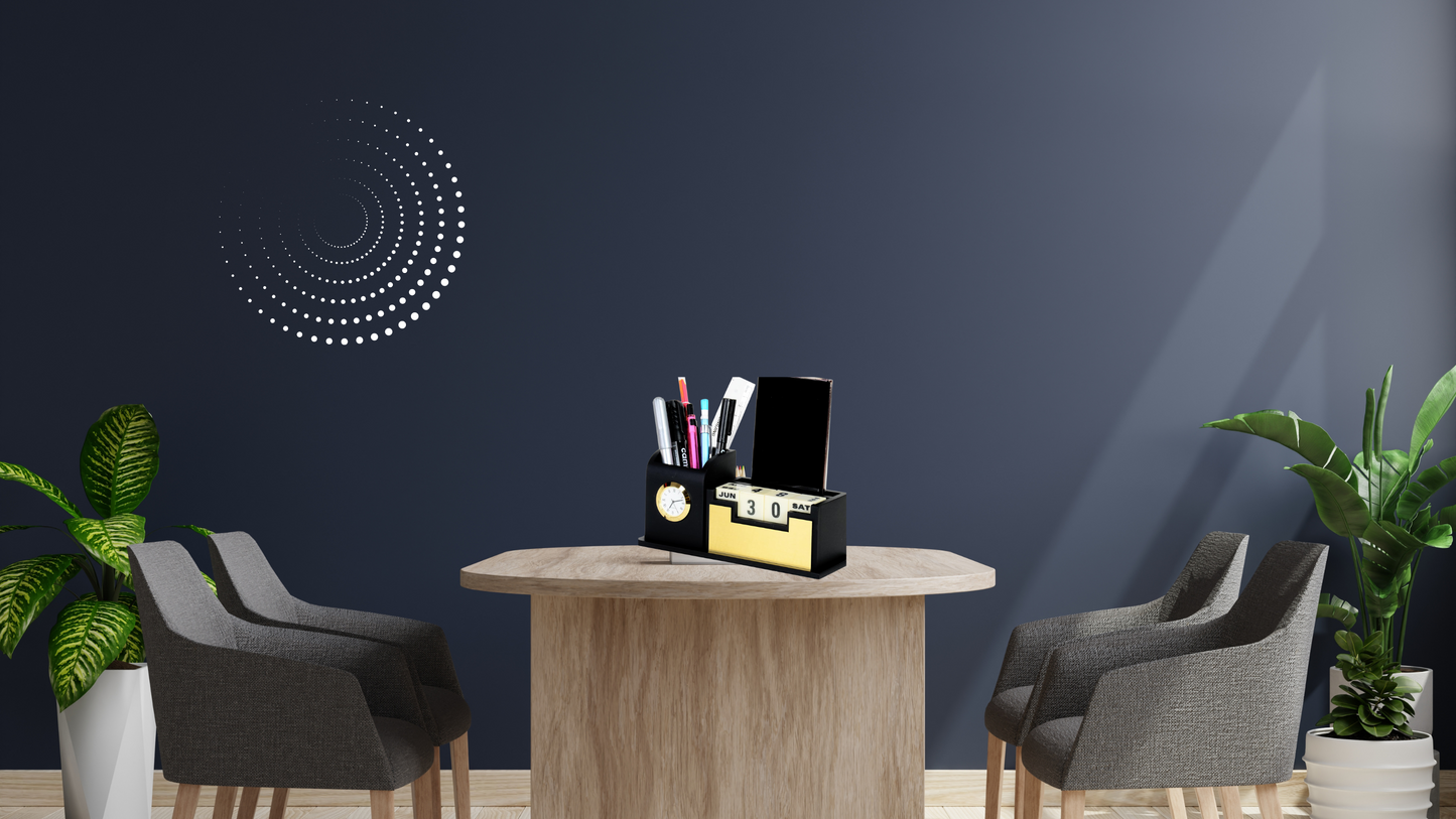 Wooden Desk Organizer with Clock and Perpetual Calendar | Pen Holder with Date Display