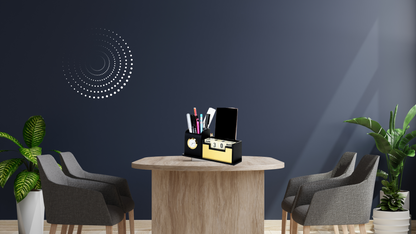 Wooden Desk Organizer with Clock and Perpetual Calendar | Pen Holder with Date Display