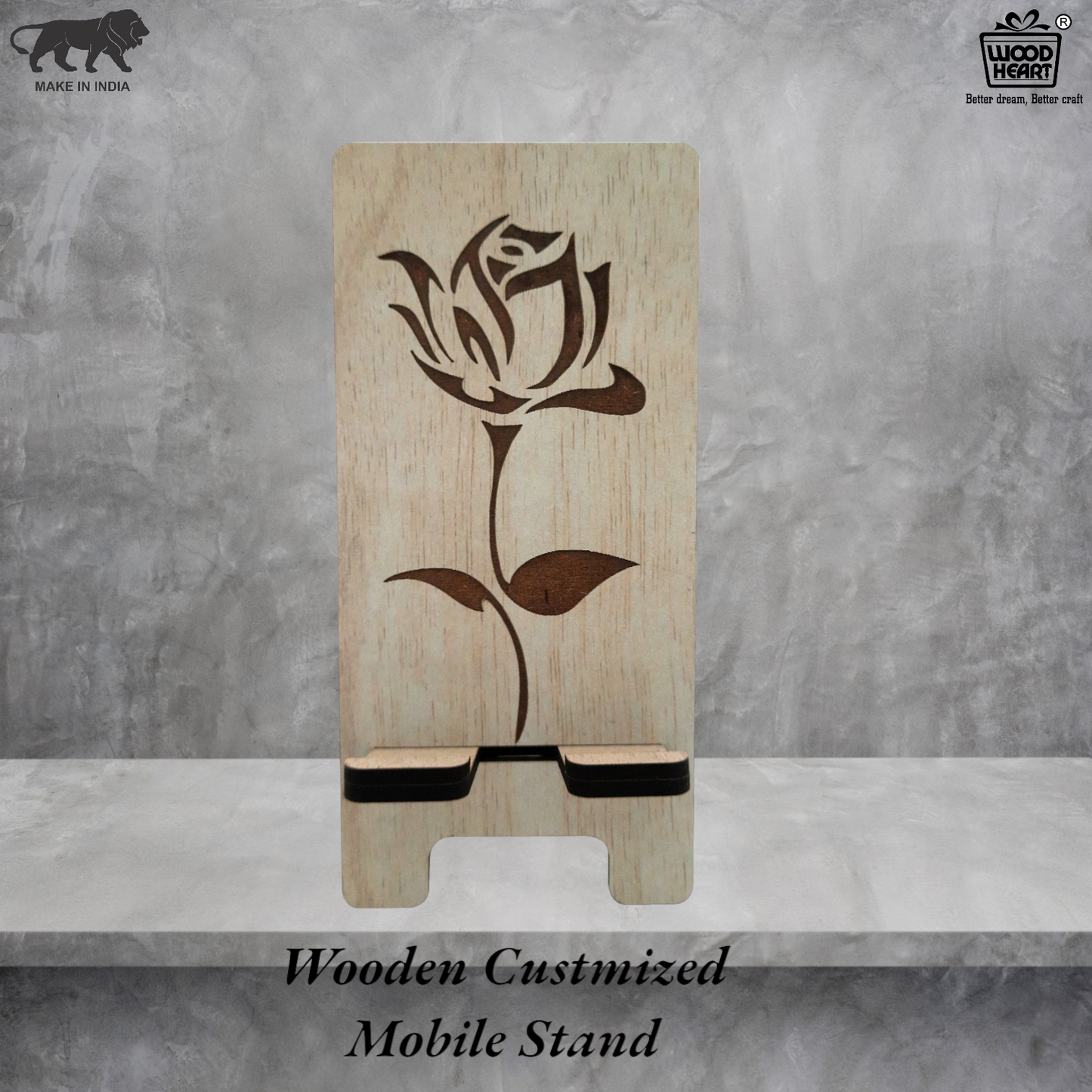 Elegant Rose Design Wooden Mobile Stand – Laser Engraved Floral Pattern
