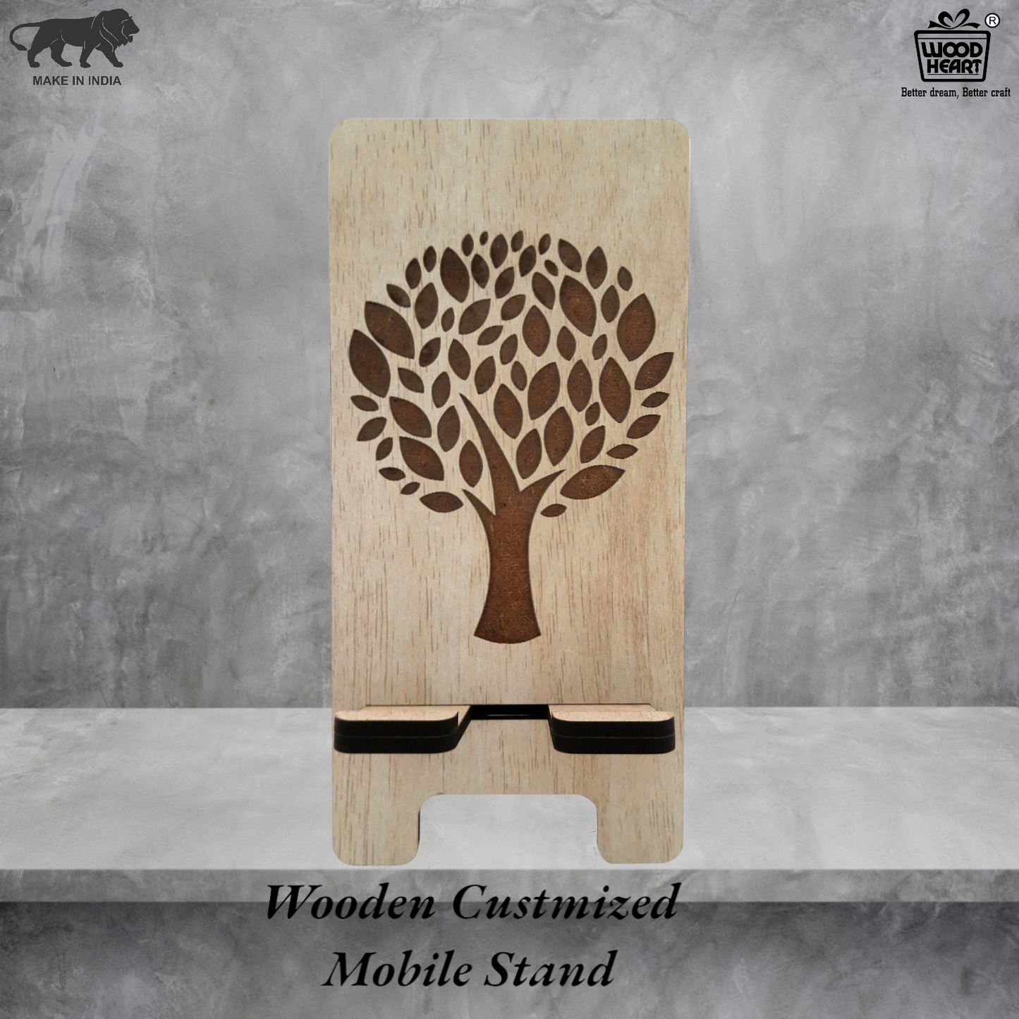 Eco-Themed Customized Wooden Mobile Stand – Tree Design Laser Engraved