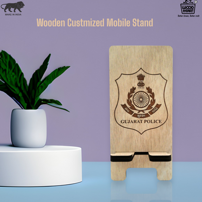 Wooden Mobile Stand with Gujarat Police Emblem – Laser Engraved Desk Holder