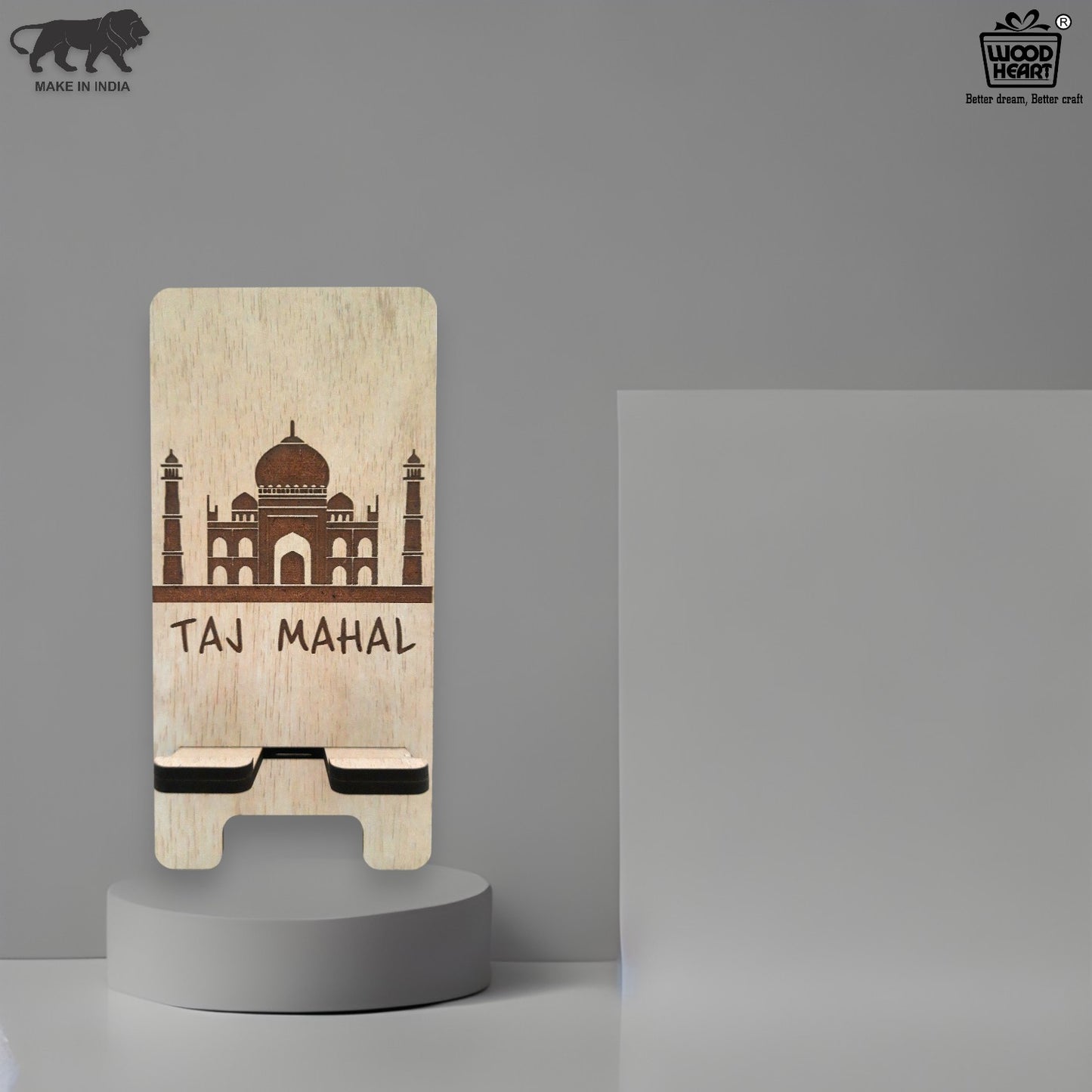 Elegant Taj Mahel  Design Wooden Mobile Stand – Laser Engraved Floral Pattern