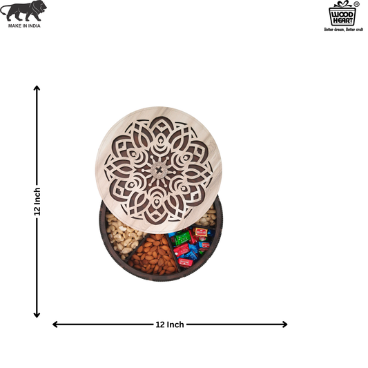 Elegant Round Wooden Dry Fruit Box with Floral Laser-Cut Lid