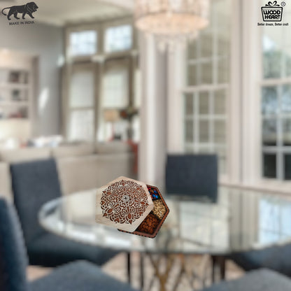 Hexagon Wooden Dry Fruit Gift Box with Elegant Mandala Laser-Cut Lid