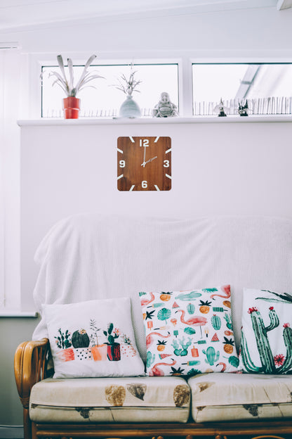 Square Wooden Wall Clock with Bold White Numbers