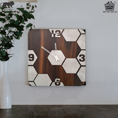 Square Hexa Pattern Wooden Wall Clock – Cement Texture Design by Wood Heart