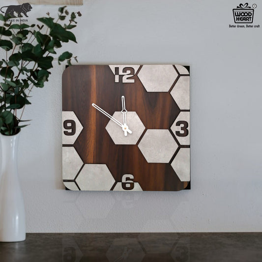 Square Hexa Pattern Wooden Wall Clock – Cement Texture Design by Wood Heart