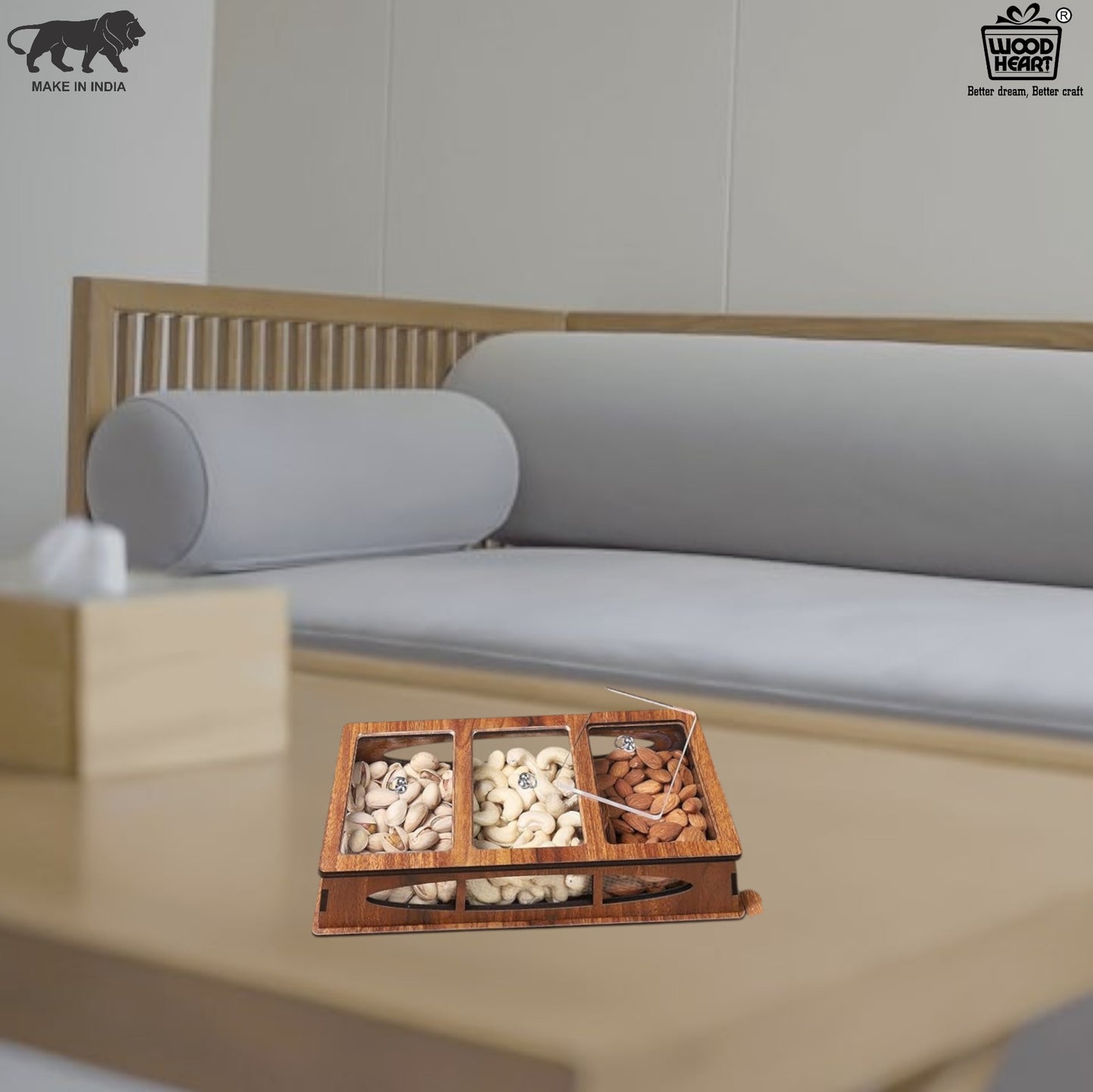 Wooden Dry Fruit Box with 3 Acrylic Compartments – Elegant MDF Storage Organizer