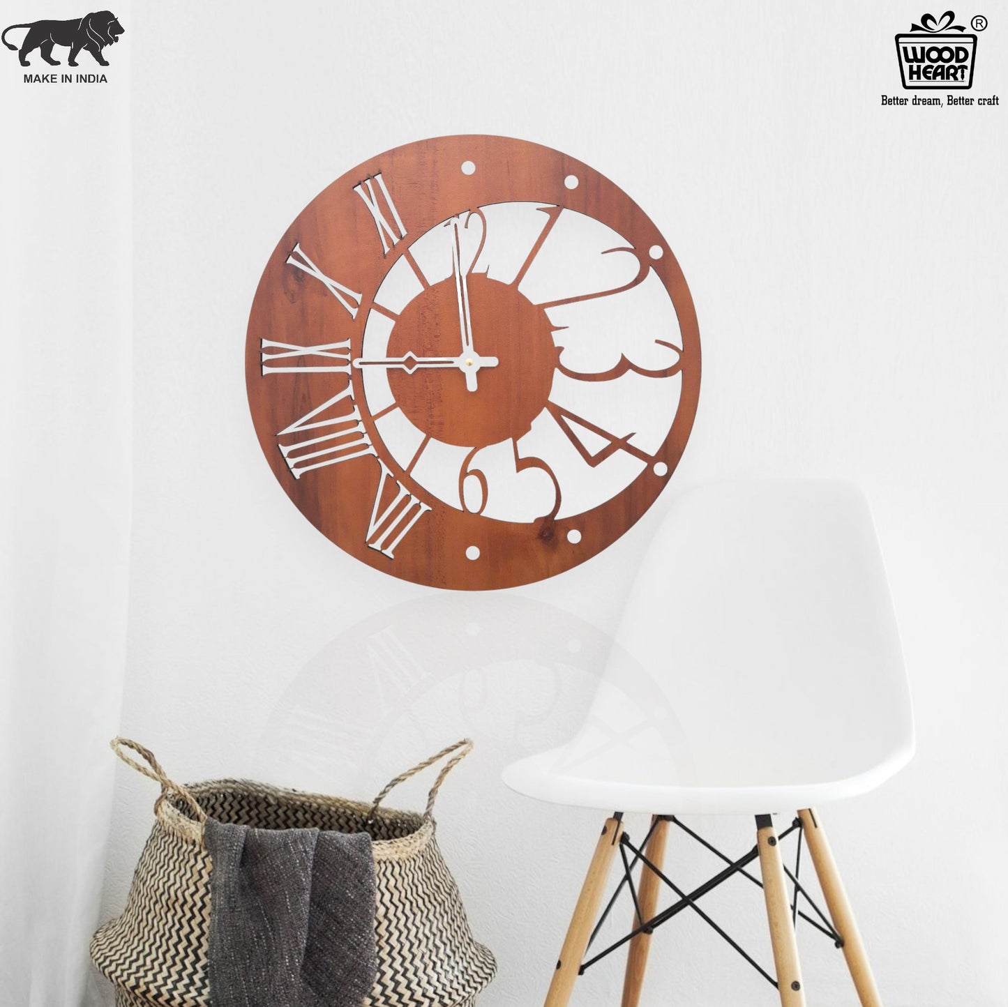 Wood Heart Dual-Dial Fusion Wall Clock – Roman & Modern Cutout Design
