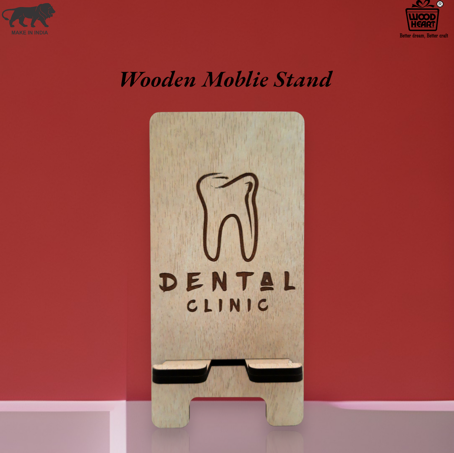 Wooden Mobile Stand with Dental Clinic Engraving – Tooth Design Holder