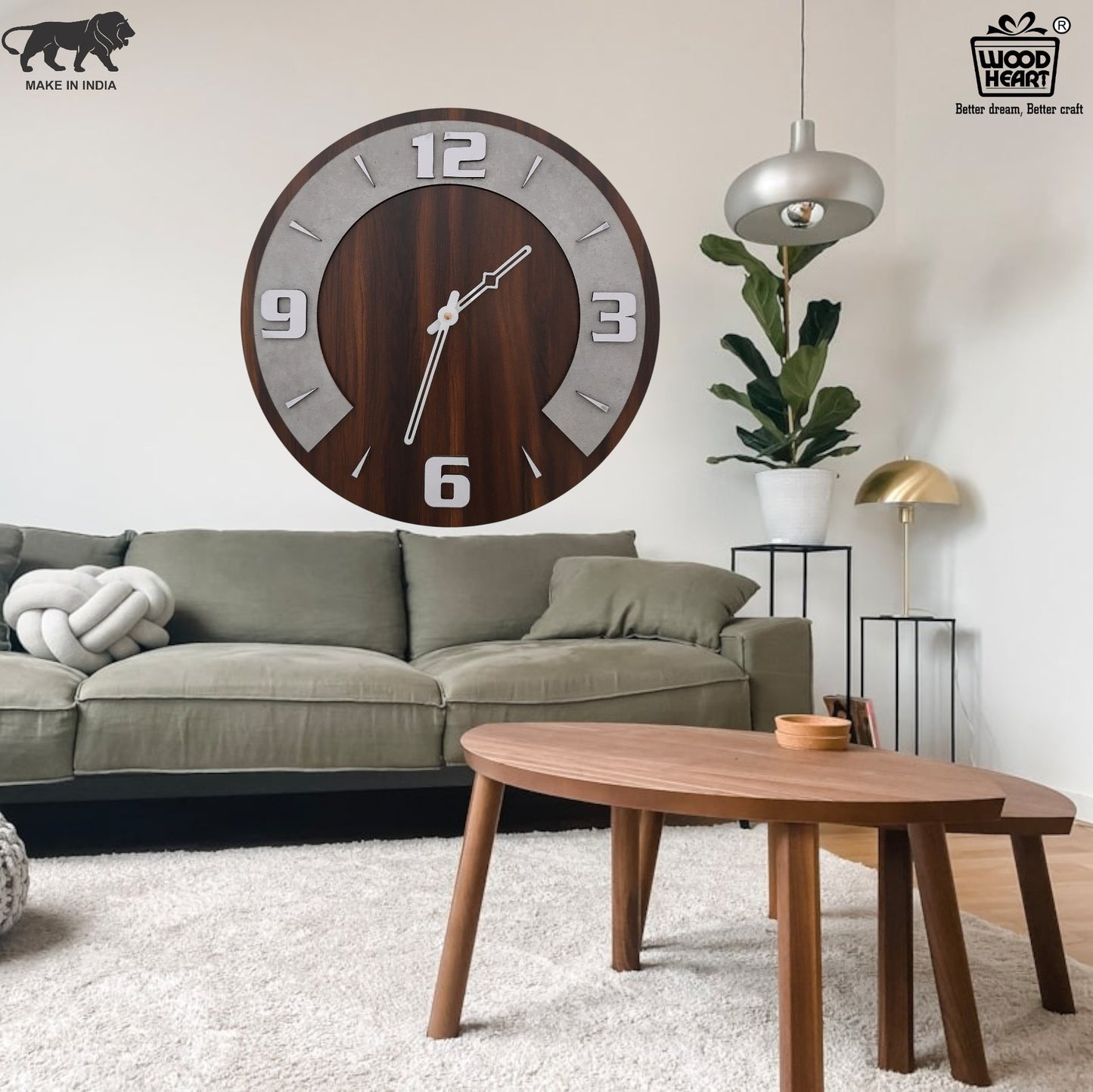 Round Wooden Wall Clock with Dual Tone Concrete Finish – Elegant Modern Décor
