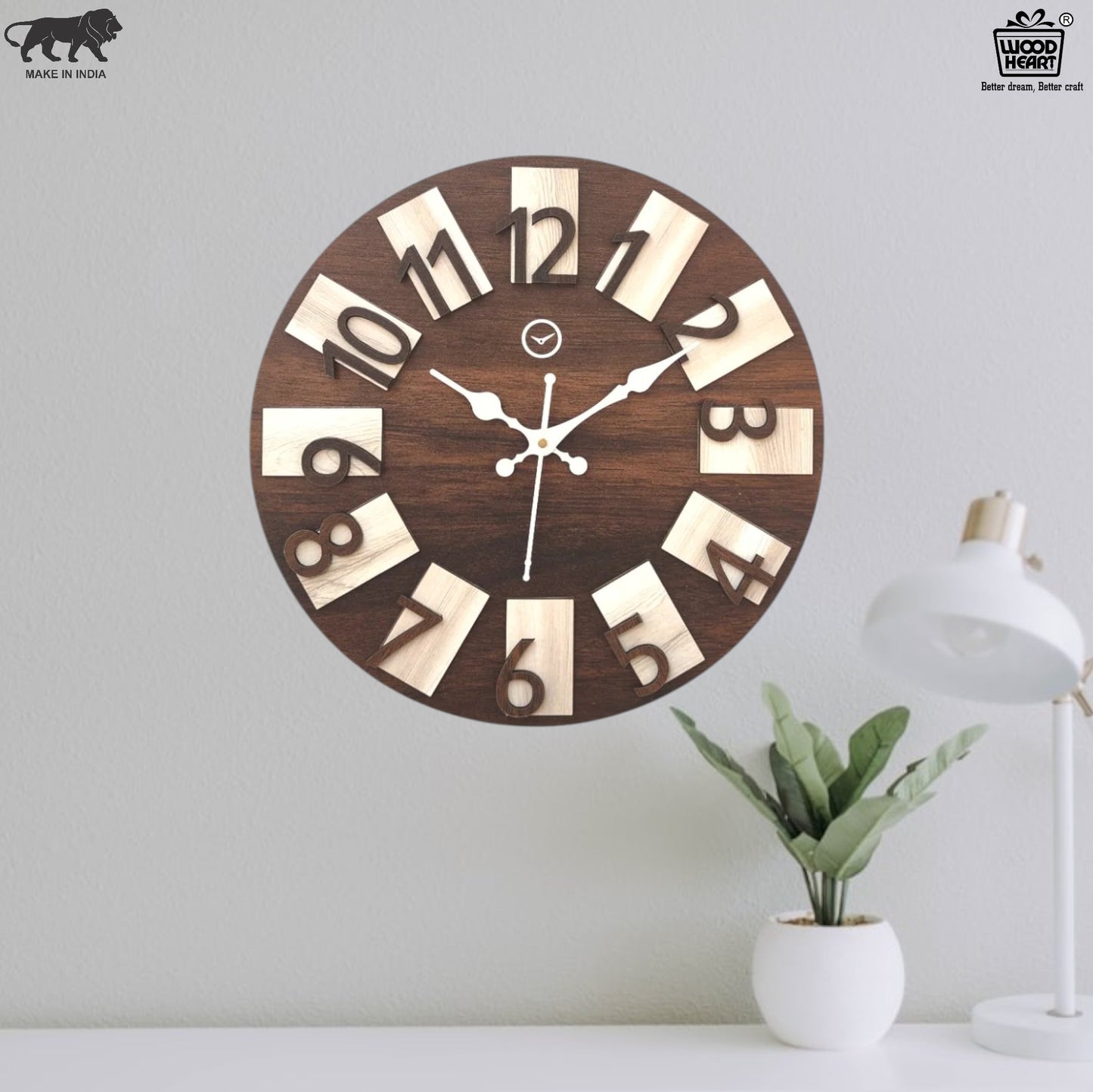 Wood Heart Premium Block Number Wall Clock – Dual Tone Wooden Finish
