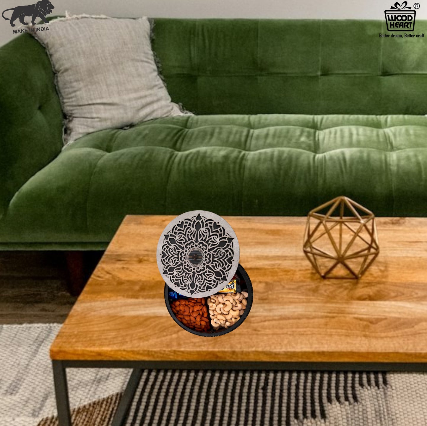 Round MDF Wooden Dry Fruit Box with Floral Laser-Cut Lid